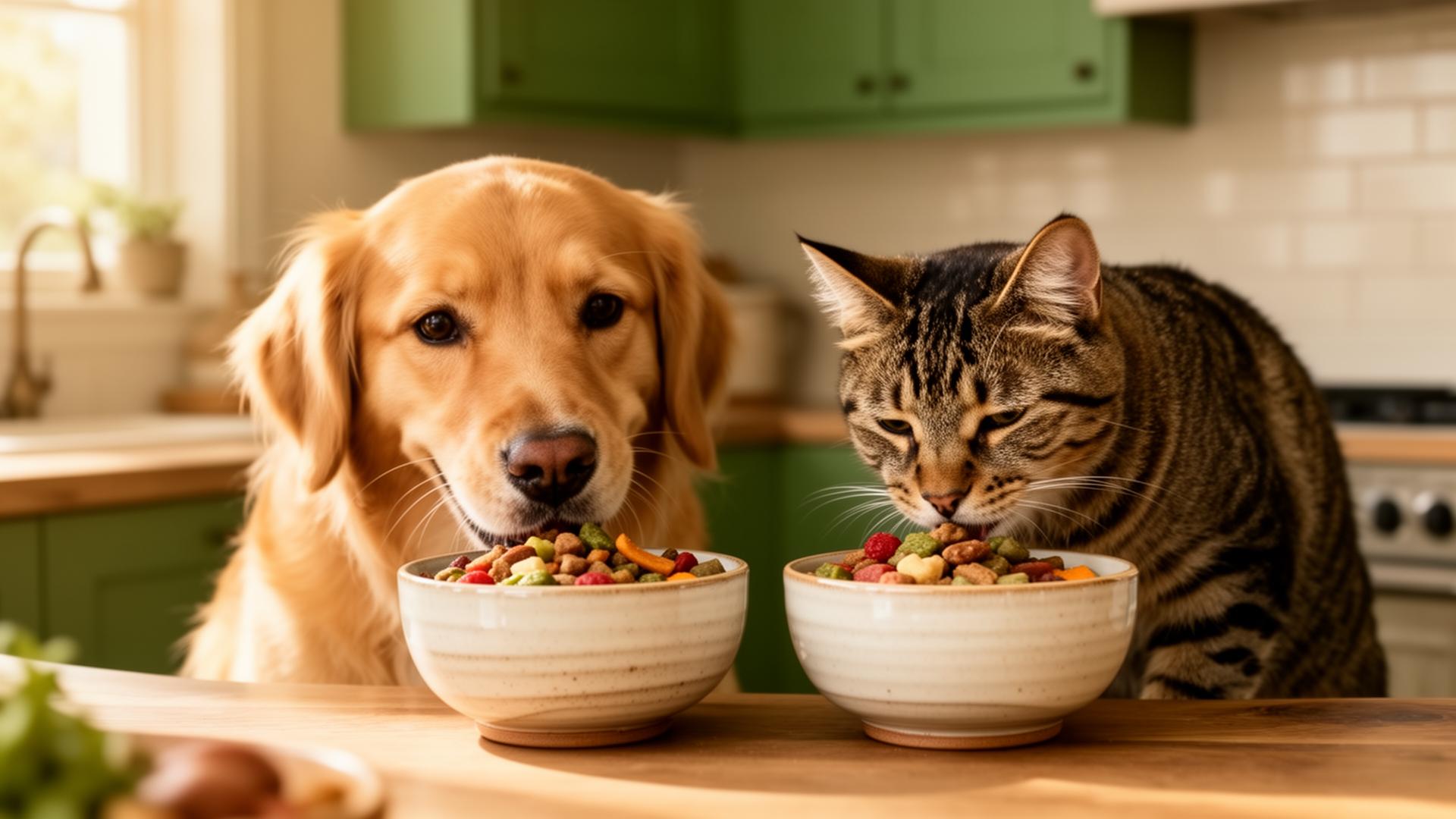 Cão e gato felizes comendo comida natural